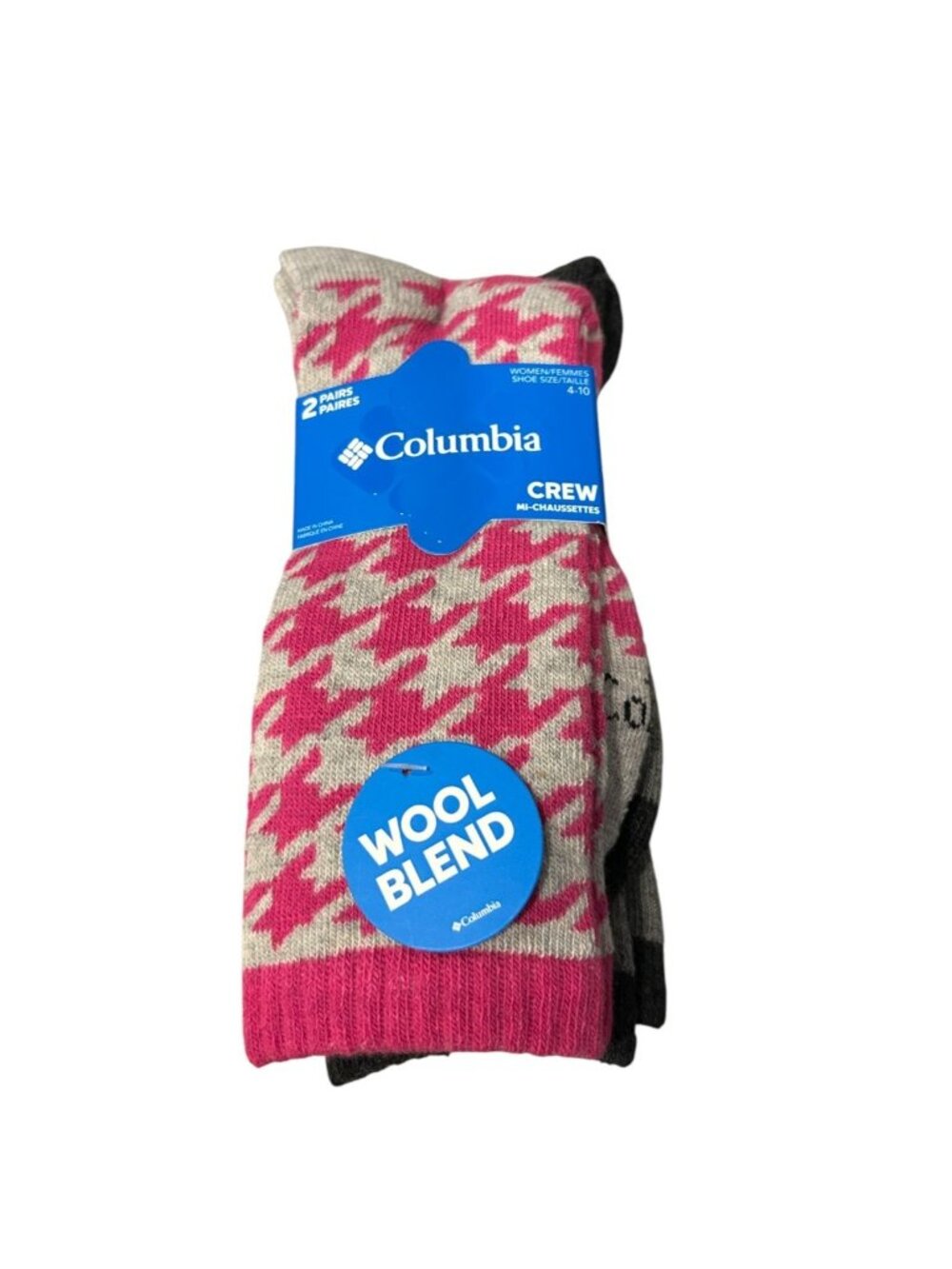 Columbia Ladies Crew Socks Set of 2 Size 4-10 Wool Blend Fuchsia Gray